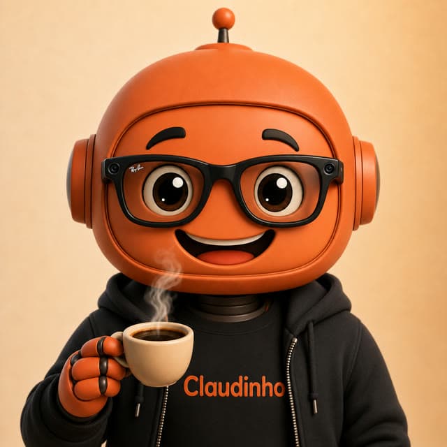 O Claudinho: um robô laranja de óculos, moletom e uma xícara de café na mão