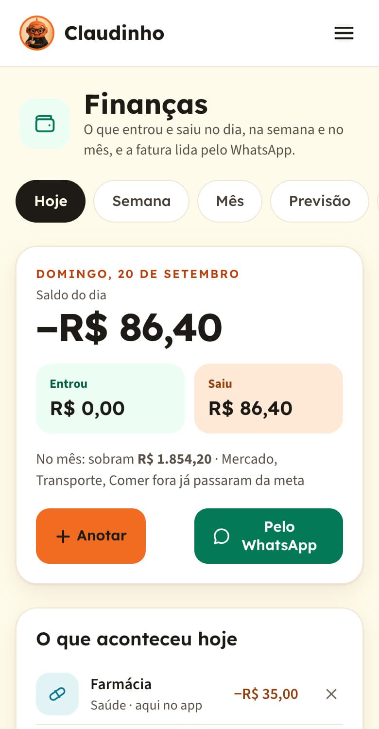 Tela Finanças do painel, com o saldo do dia