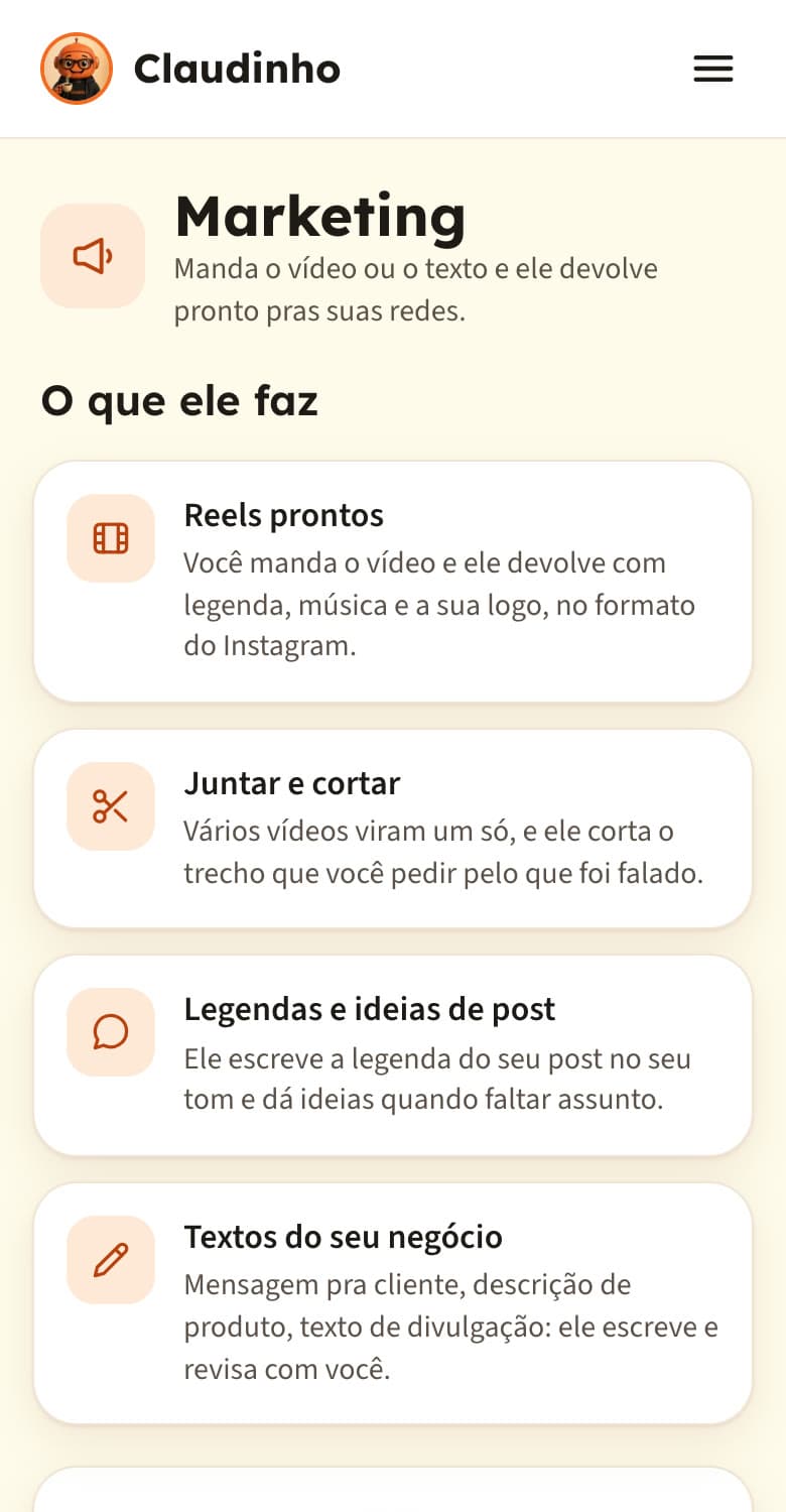 Tela Marketing do painel, com o que ele faz