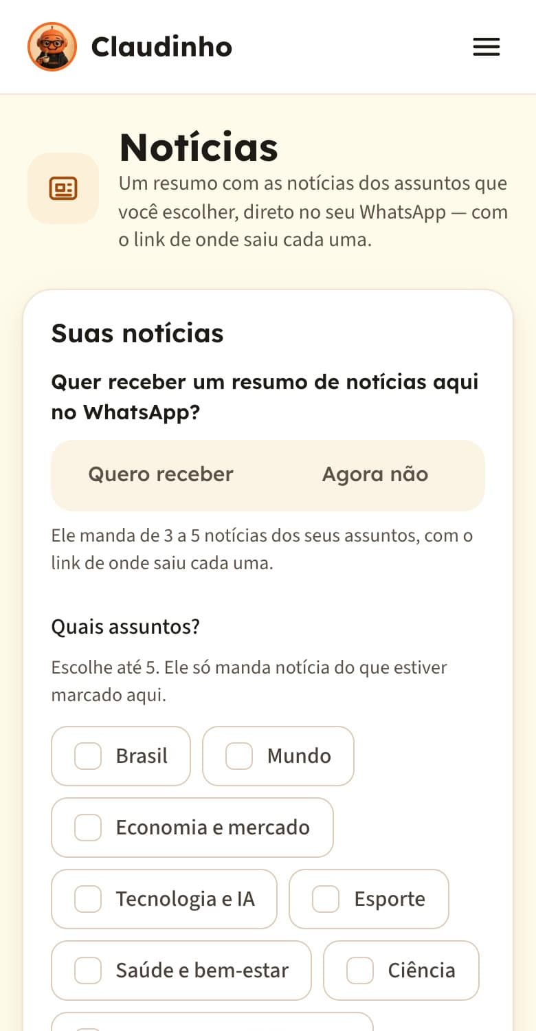 Tela Notícias do painel, com a escolha dos assuntos