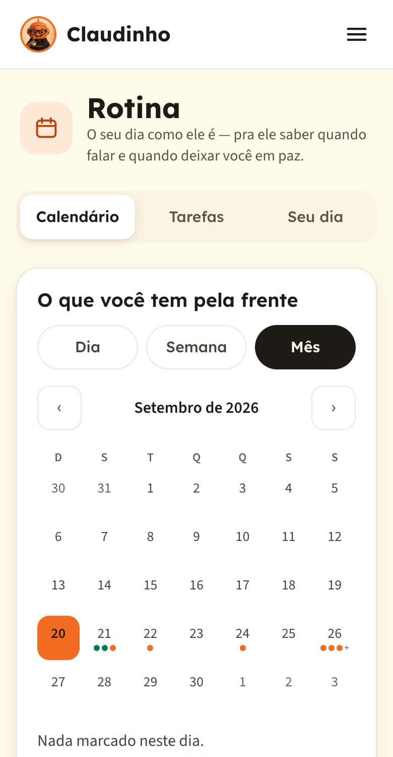 Tela Rotina do painel, com o calendário do mês