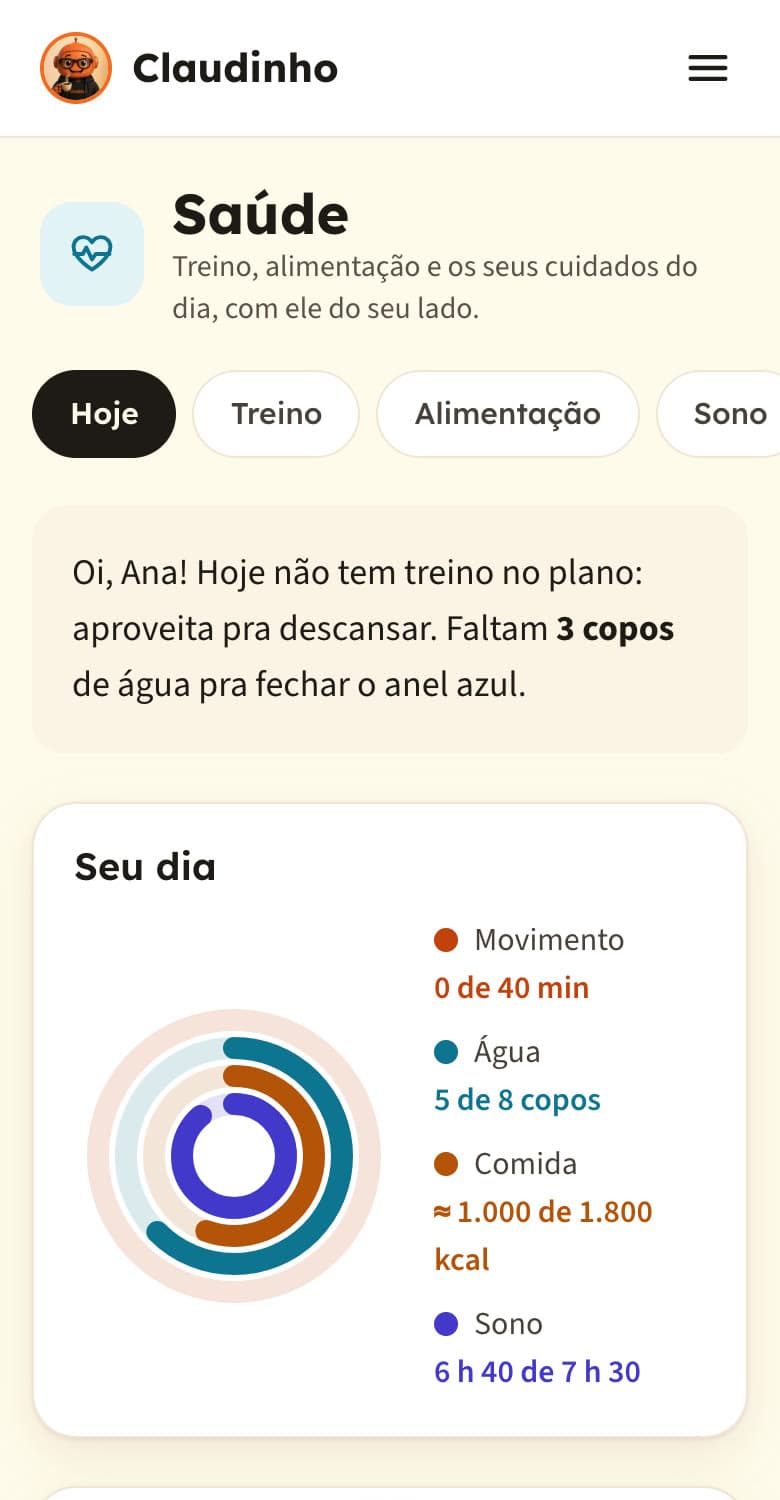 Tela Saúde do painel, com os anéis de movimento, água, comida e sono